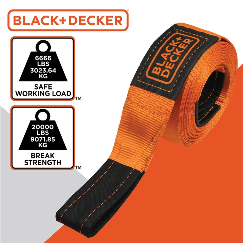 BLACK+DECKER BD1003 Black/Orange 4"" x 30' Recovery Strap - Heavy-Duty (20 000 lb Break Strength) for Emergency Off-Road 4x4 Towing - Image 4